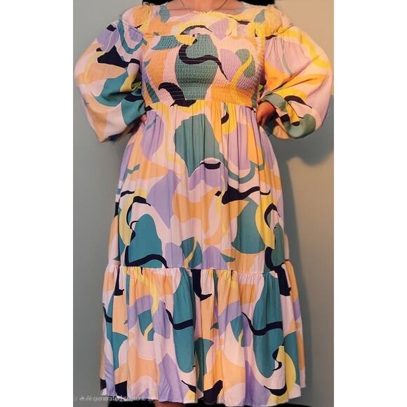 Eloquii Printed Puff Sleeve Off Shoulder Smocked Bodice Boho Maxi Dress Size 24 - Picture 1 of 9